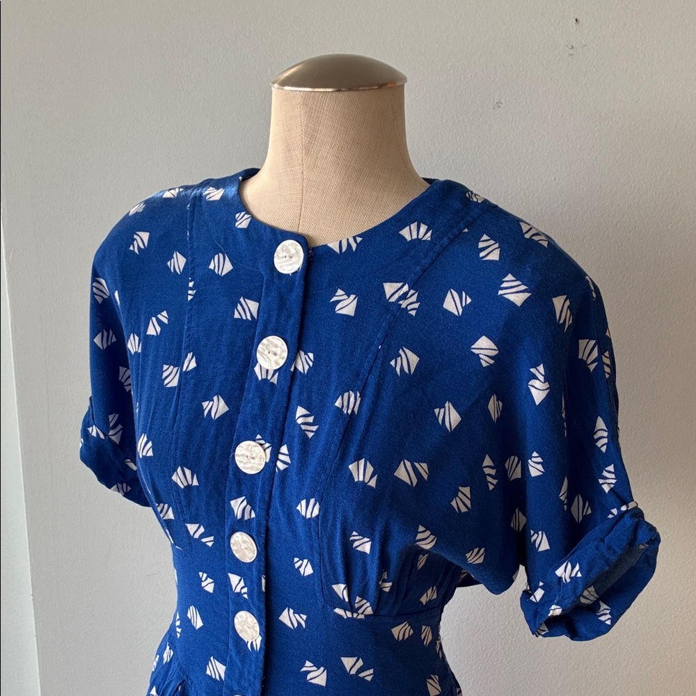 Vintage Blue Patterned Button-Up Dress - Picture 2 of 14